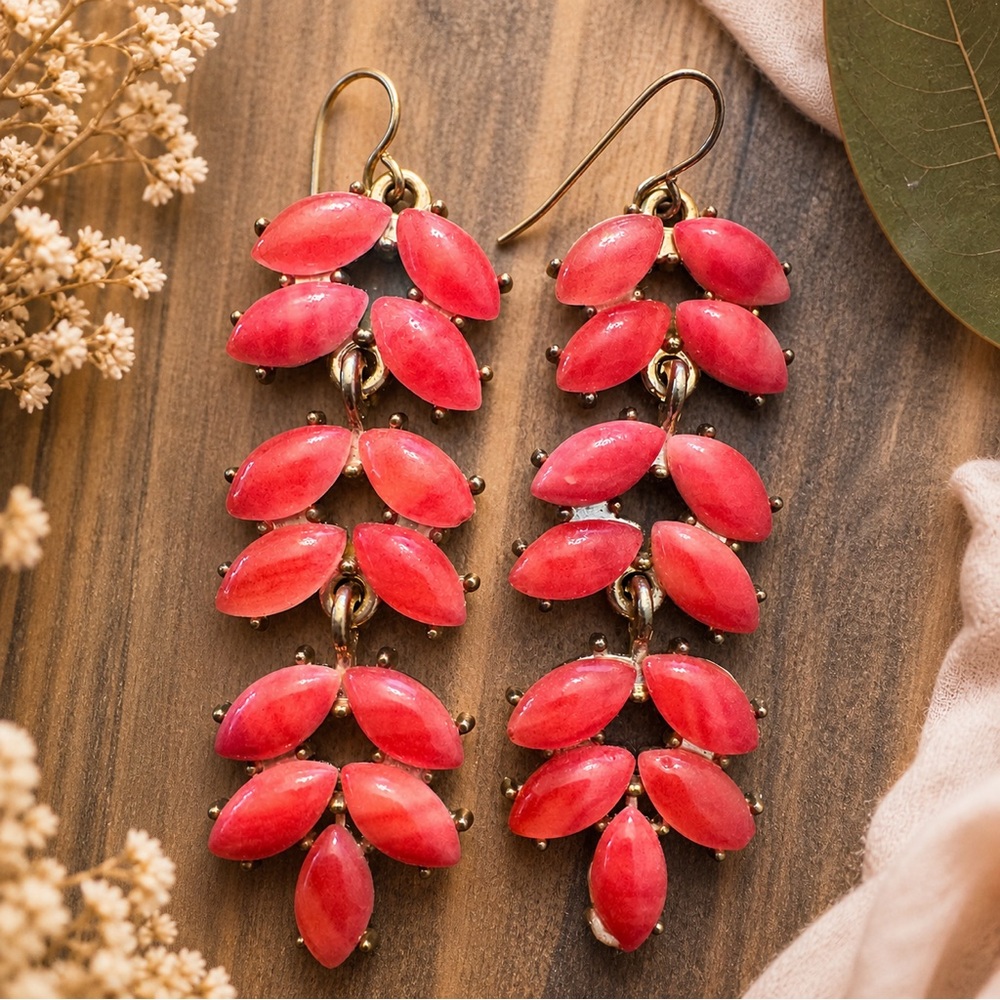 Vintage Coral Lucite Navette Drop Earrings | Boho Statement Dangles